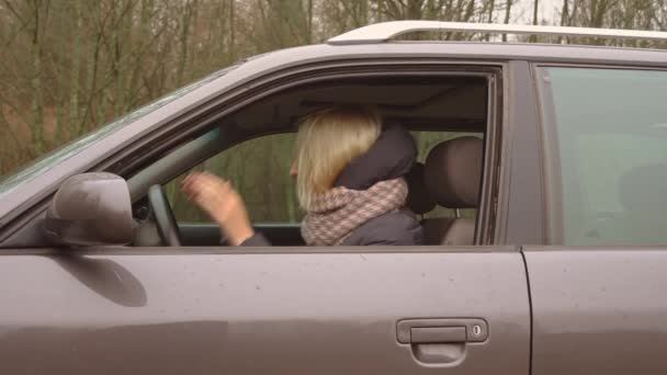 Giovane bionda è arrabbiata e urla mentre si siede al volante. - Filmati, video