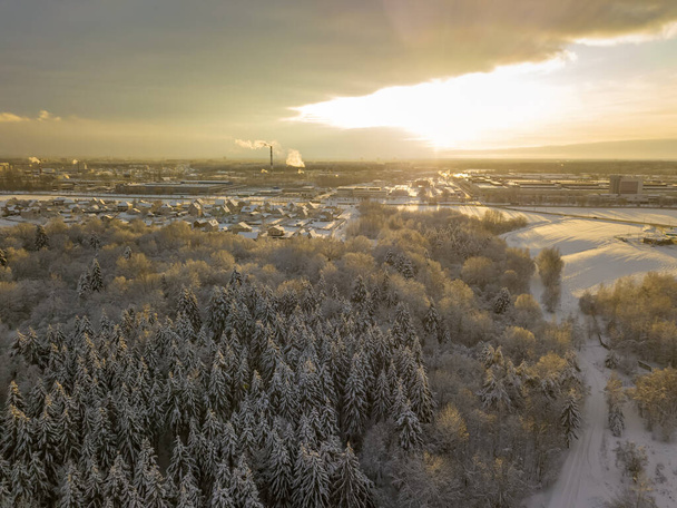 Drone vista de un hermoso bosque cubierto de nieve en el sol, lejos de la ciudad, tuberías industriales con humo. Hermoso paisaje de invierno - Foto, Imagen