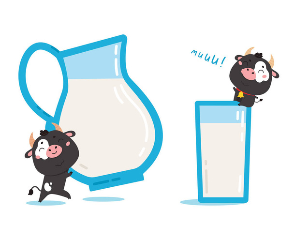 Εικονογράφηση αγελάδων αγροκτήματος με κανάτα γάλακτος και γυαλί. - Διάνυσμα, εικόνα