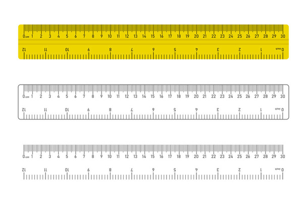 Ícone de régua realista, instrumento de medição. Conjunto de réguas de 30 cm e 12 polegadas. Ilustração vetorial isolada. - Vetor, Imagem