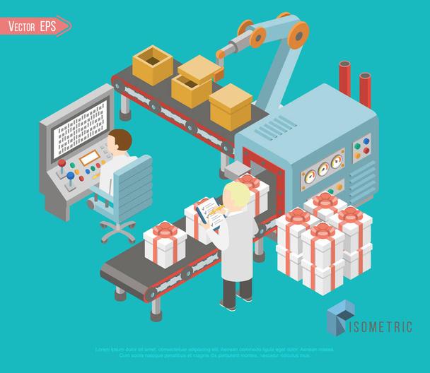 Isometric automated production line concept with people robotic arms and industrial automatic manufacturing process vector illustration - Vector, Image