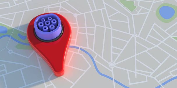 Ładowarki elektryczne na mapie. Lokalizacja stacji ładowania samochodów elektrycznych. Pinpointer z wtyczką na tle mapy miasta, przestrzeń kopiowania. Ilustracja 3D - Zdjęcie, obraz