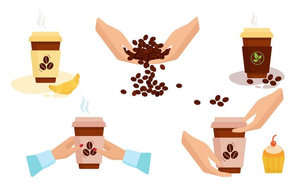 Set Coffee break. In the hands of the coffee beans, design paper cup. Vector - Vector, Image