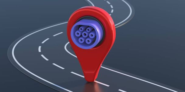 Electric car charging stations location. Map marker with electric vehicle plug on highway, gray background. EV charger position concept. 3d illustration - Φωτογραφία, εικόνα