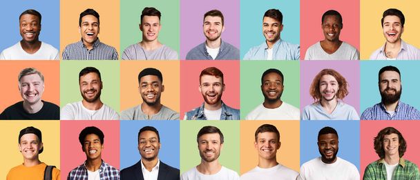 Πορτραίτα κολάζ των ανδρών με χαρούμενα πρόσωπα σε διαφορετικά παρασκήνια - Φωτογραφία, εικόνα