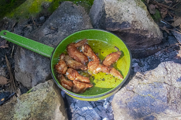 skillet greens with cooked chicken wings - Photo, Image