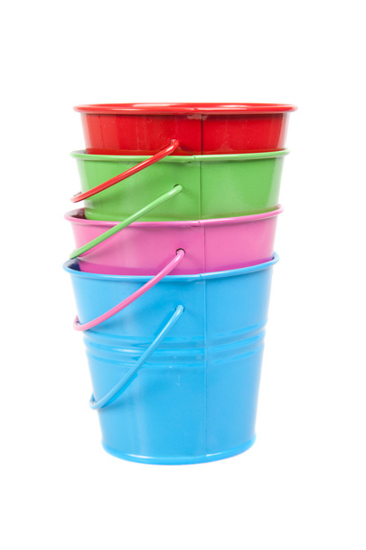 baldes verdes, azuis, vermelhos e rosa, baldes, isolados
 - Foto, Imagem