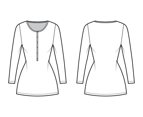 Shirt dress mini technical fashion illustration with henley neck, long sleeves, fitted body, Pencil fullness, stretch - Vektör, Görsel