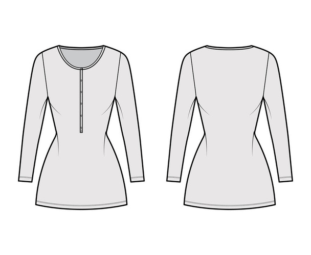 Shirt dress mini technical fashion illustration with henley neck, long sleeves, fitted body, Pencil fullness, stretch - Διάνυσμα, εικόνα