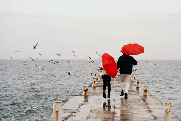 Young hipster couple walking with two red umbrellas in cold weather, love story outdoors - Photo, Image