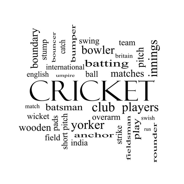 Cricket-Word-Cloud-Konzept in Schwarz-Weiß - Foto, Bild