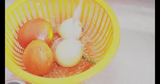 Lavado de cebollas y tomates en el fregadero - Metraje, vídeo