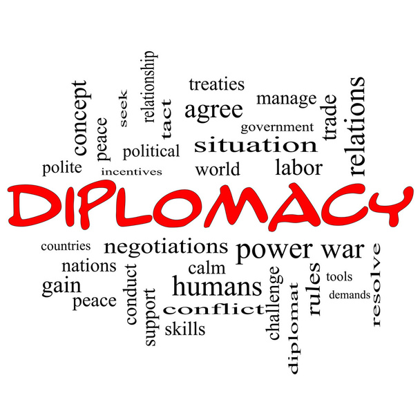 Conceito de Diplomacia Word Cloud em bonés vermelhos
 - Foto, Imagem