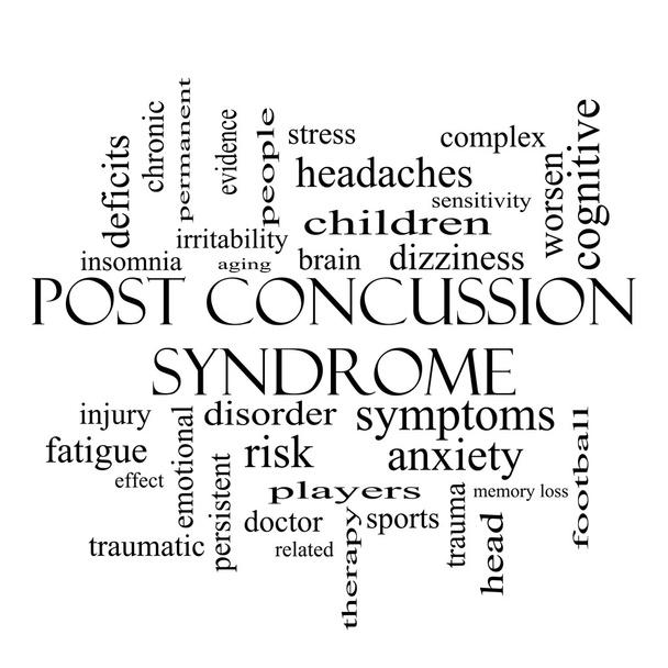 Syndrome post-commotion Word Cloud Concept en noir et blanc
 - Photo, image