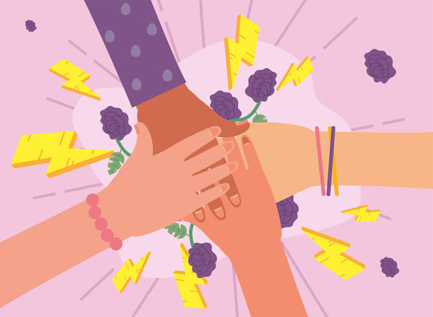 Meisje power handen ondersteuning met donders en bloemen vector ontwerp - Vector, afbeelding