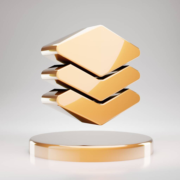 Layer Groupin kuvake. Keltainen Gold Layer Group symboli kultainen palkintokorokkeella. 3D renderöity sosiaalisen median kuvake. - Valokuva, kuva