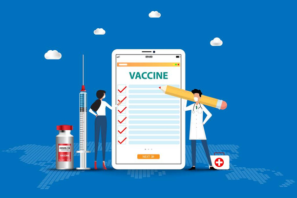 医療の概念は、 2人の医師は、患者にコロナウイルスワクチンの用量を決定し、理解するためにタブレットの大きな画面で議論しています. - ベクター画像