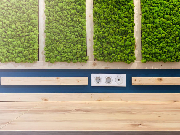 Espaço de trabalho ecológico parede de musgo estabilizada, mesa de madeira e tomadas elétricas para trabalho de laptop. Foto de alta qualidade - Foto, Imagem