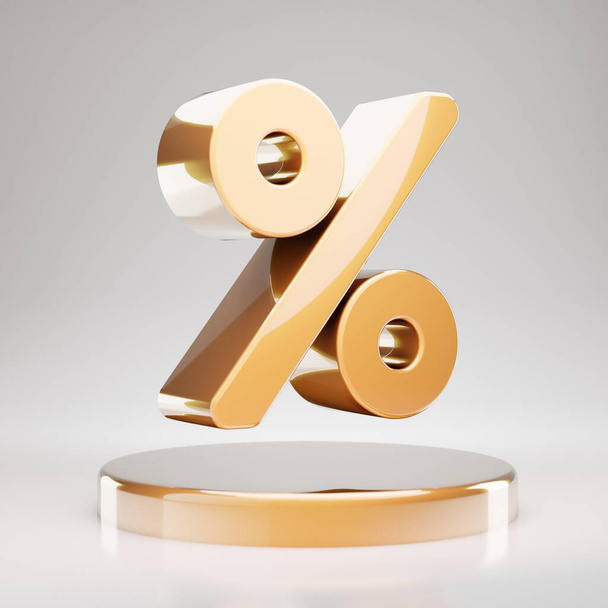 Percent icon. Yellow Gold Percent symbol on golden podium. 3D rendered Social Media Icon. - Photo, Image