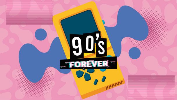 90s voor altijd belettering met video game draagbaar in roze achtergrond - Vector, afbeelding