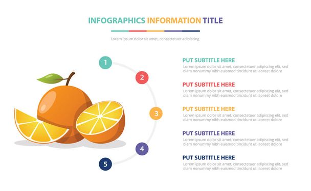 naranja fruta infografía plantilla con 5 colorido viñeta número descripción vector ilustración - Vector, Imagen