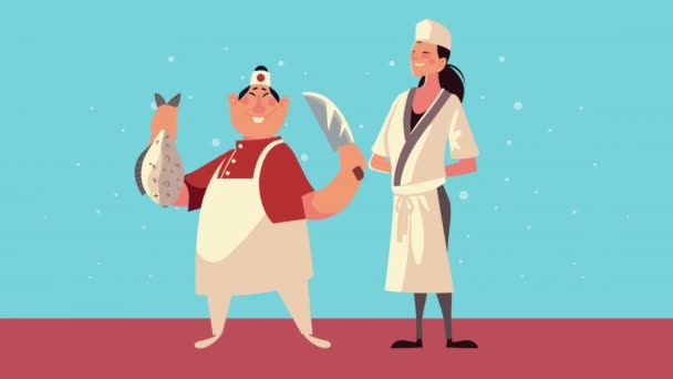 Chefs pareja con peces y cuchillo animación personajes cómicos - Metraje, vídeo