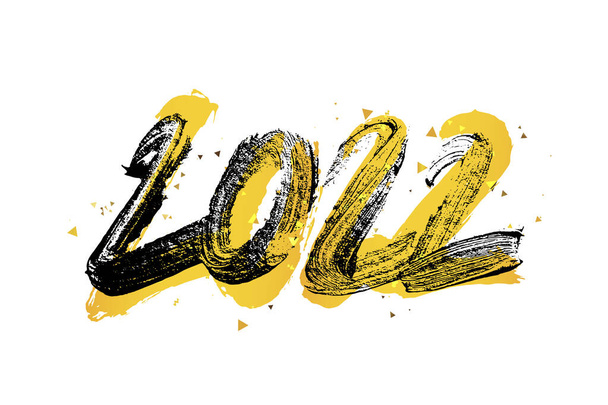 Big numbers inscription 2022. Yellow and black textured brush strokes on white background. Festive New Year greeting card. Vector illustration. - Vector, Image