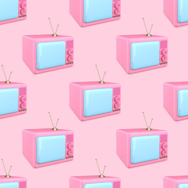 Patrón inconsútil 3d renderizado de un viejo televisor. TV de dibujos animados rosa con pantalla azul sobre un fondo rosa. Concepto de noticias belleza. - Foto, imagen