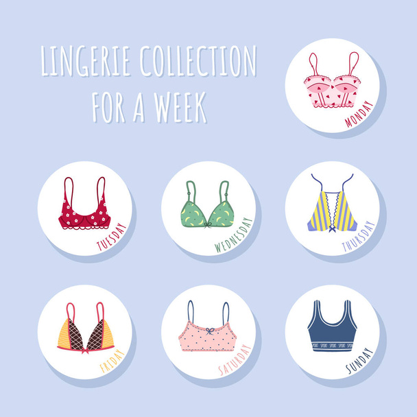 Modern female bra collection for a week. Cute colorful weekly brassieres with bows and lace. Trendy undergarments. Vintage vector illustration in flat cartoon style. Suitable for logo, icon, banner - Vector, Image