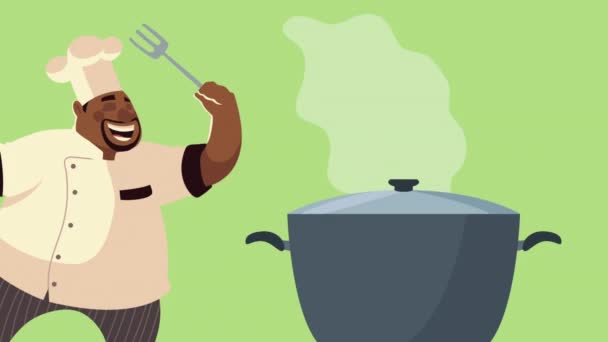 afro chef trabajador con pot comic carácter animación - Metraje, vídeo