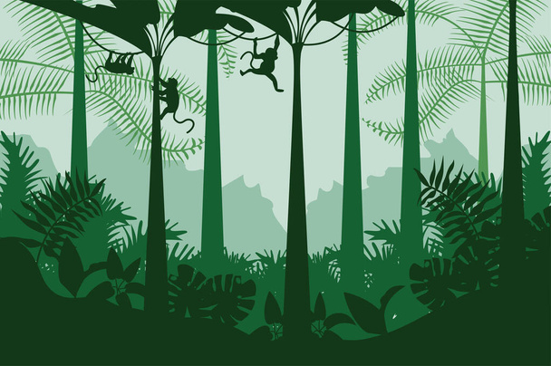 džungle divoká příroda zelená barva krajina s opicemi scéna - Vektor, obrázek