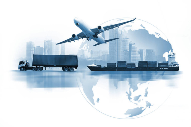 Concetto di trasporto, import-export e logistica, container truck, nave in porto e cargo aereo nel trasporto e import-export logistica commerciale, trasporto industria commerciale  - Foto, immagini