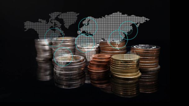 rows of coins for finance and banking concept with Forex graph on the world map  business background. A metaphor of international financial consulting , .Innovation Graphs Interfaces.Analyze market stock. - Photo, Image
