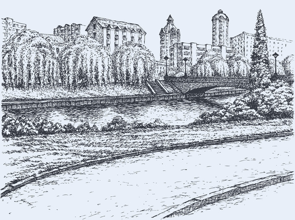 Parque de árboles en el puente del río frente a edificios urbanos de gran altura
 - Vector, imagen