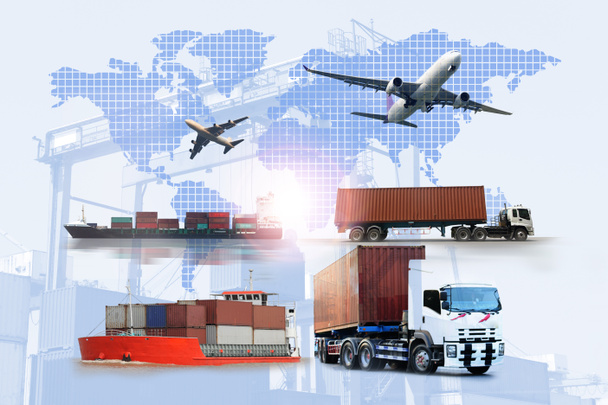 Transportation, import-export and logistics concept, container truck, ship in port and freight cargo plane in transport and import-export commercial logistic, shipping business industry  - Photo, Image