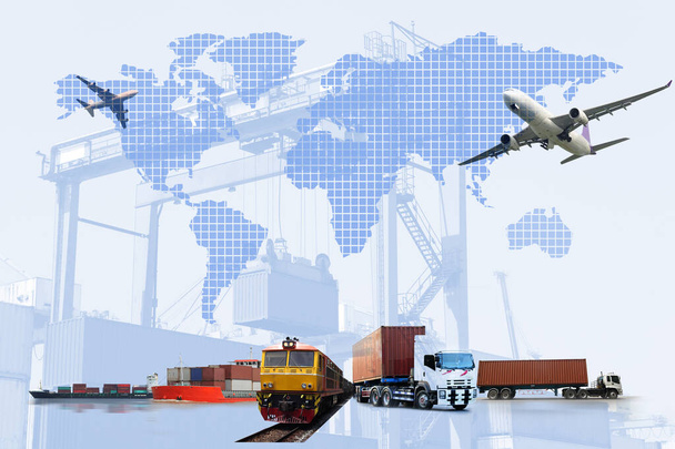 Szállítás, import-export és logisztikai koncepció, konténerszállító teherautó, hajó a kikötőben és teherszállító repülőgép a szállítási és import-export kereskedelmi logisztikában, hajózási ipar  - Fotó, kép