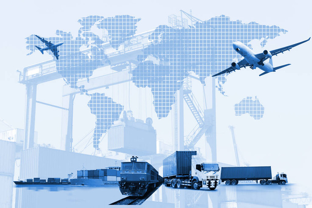 Σχέδιο μεταφορών, εισαγωγών-εξαγωγών και εφοδιαστικής, φορτηγό εμπορευματοκιβωτίων, πλοίο σε λιμένα και εμπορευματικό αεροσκάφος μεταφοράς και εισαγωγής-εξαγωγής εμπορικής εφοδιαστικής, ναυτιλιακής βιομηχανίας  - Φωτογραφία, εικόνα