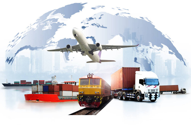 Транспорт, импорт-экспорт и логистика, контейнерные грузовики, суда в порту и грузовые самолеты в транспортно-экспортной коммерческой логистики, судоходство бизнес-индустрии  - Фото, изображение