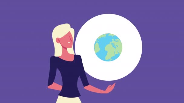 giovane donna bionda con animazione pianeta terra - Filmati, video