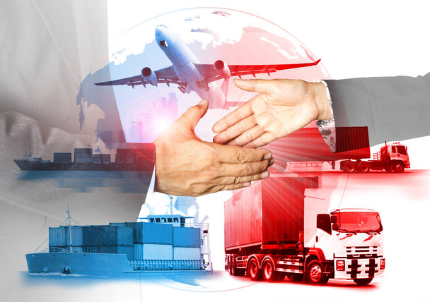 Doprava, import-export a logistika koncept, kontejnerové nákladní automobily, loď v přístavu a nákladní letadlo v dopravě a import-export obchodní logistika, lodní průmysl  - Fotografie, Obrázek