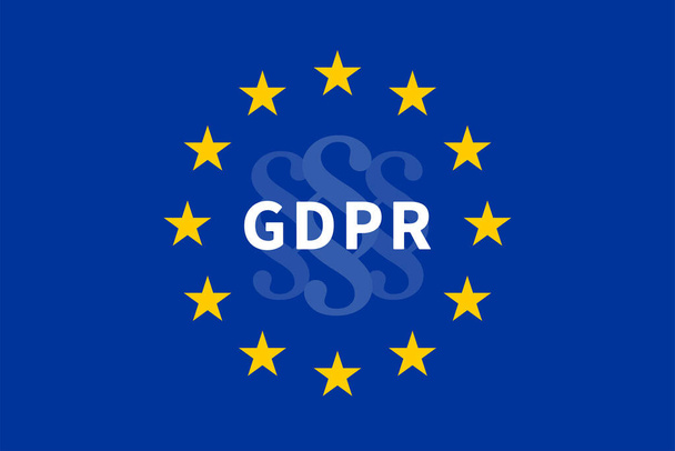 Vlajka Evropské unie s GDPR / obecným nařízením o ochraně osobních údajů a značkami odstavců, právními symboly. Vektorová ilustrace. - Vektor, obrázek