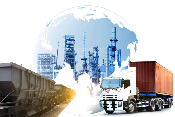 輸送、輸出入及び物流の概念、コンテナトラック、商業物流、海運業における港及び貨物輸送機の船 - 写真・画像