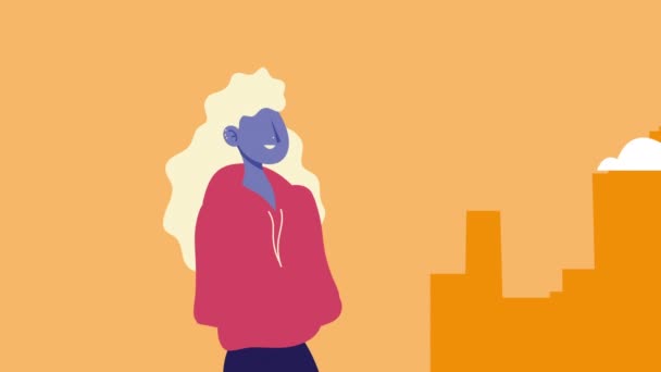 mladá blond žena na město animace - Záběry, video