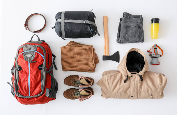 Equipment for hiking on white background - Photo, Image