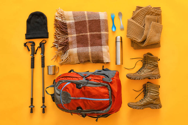 Equipment for hiking on color background - Photo, Image