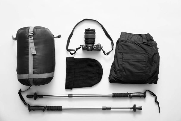 Equipment for hiking on white background - Photo, Image