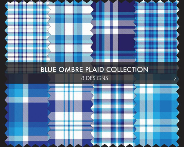 Blue Ombre Plaid texturierte nahtlose Musterkollektion enthält 8 Designmuster, die für Modetextilien und Grafiken geeignet sind - Vektor, Bild