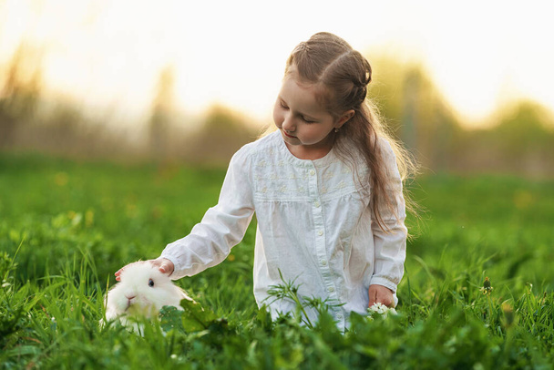 little smiling pretty girl petting a white rabbit on the lawn at sunset. The little girl smiles and plays with her friend rabbit. The concept of caring for animals and communicating with them. - Photo, image