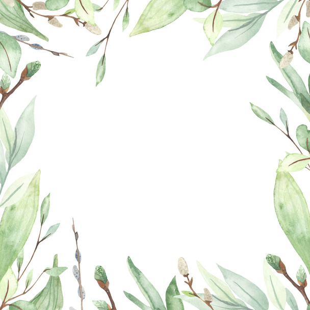 Delicate spring greenery, leaves, branches, willows. Watercolor square frame - Foto, Imagen