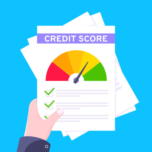 Ruka drží kreditní skóre ukazatel tachometru s barevnými úrovněmi na papírových listech a souboru. - Vektor, obrázek